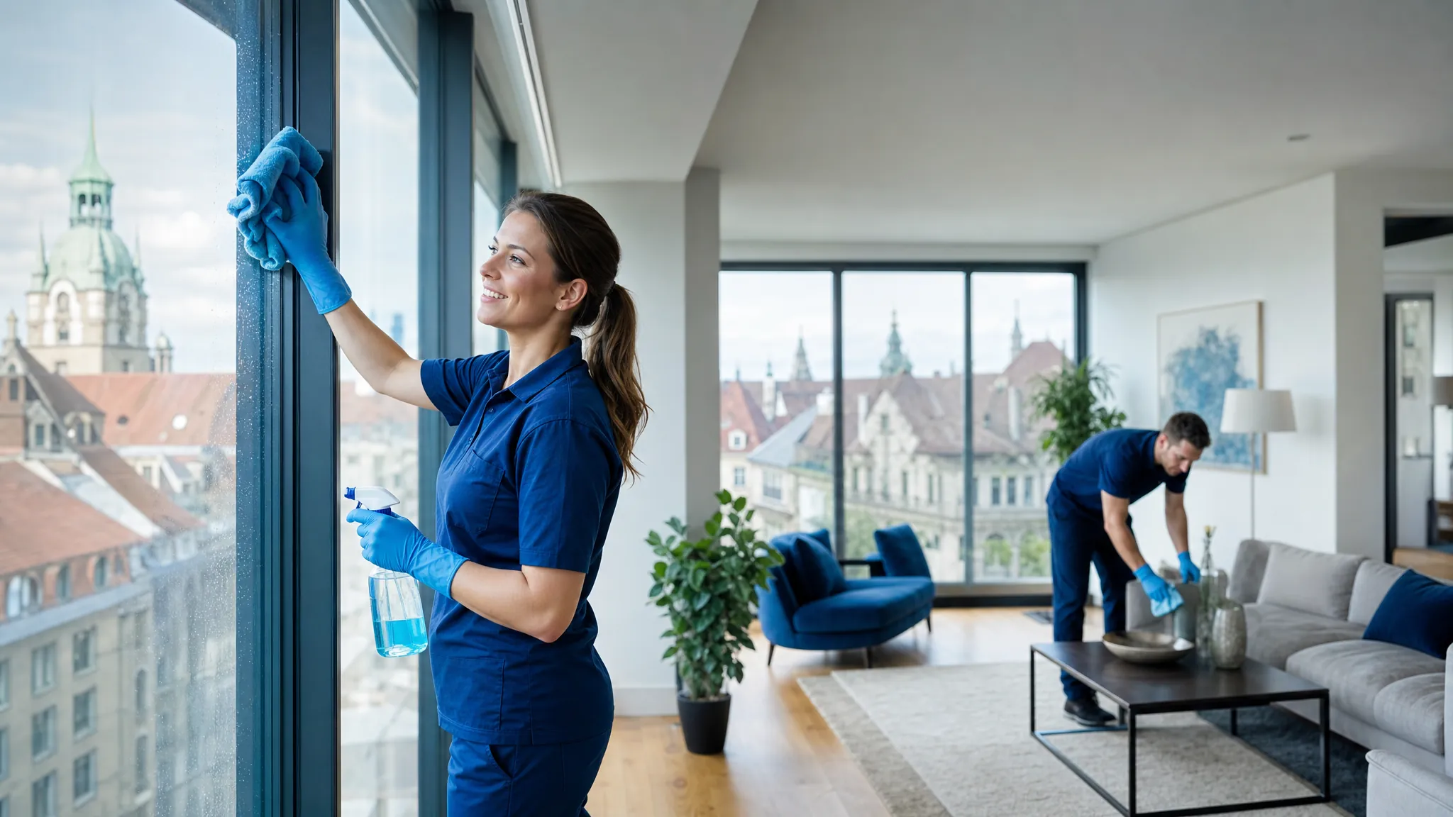 Professionelles Reinigungsteam von Berner Facility Services bei der Arbeit in einer hellen Wohnung in Bern